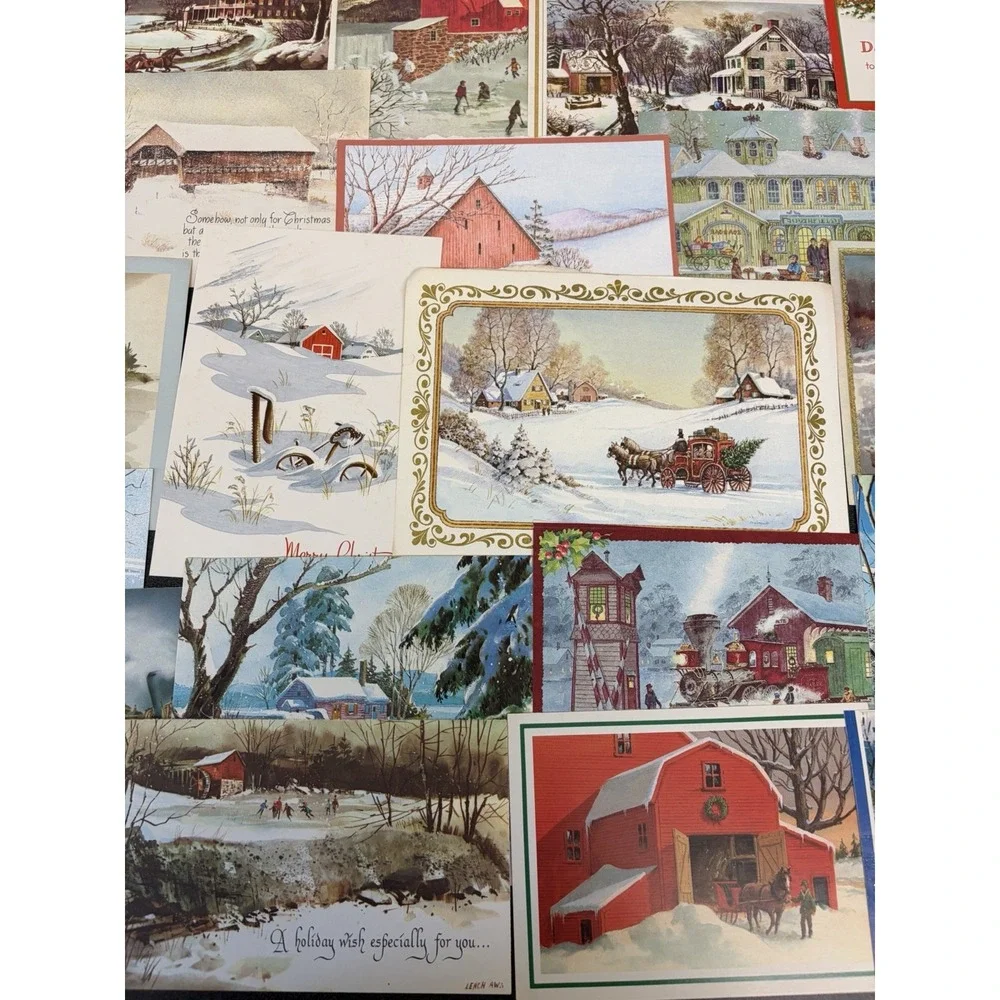 Vintage Christmas Cards Fronts ONLY Houses Barns More Scrapbooking Crafts 50+
